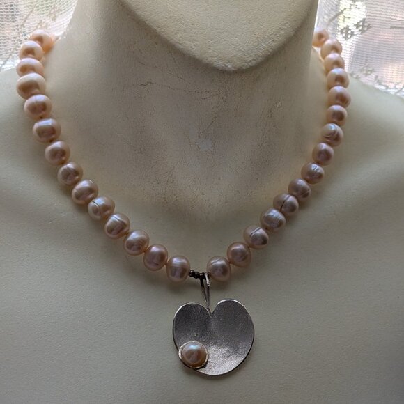 Designer Pink Freshwater Pearl Sterling Heart Pendant Beaded Necklace 16.75
